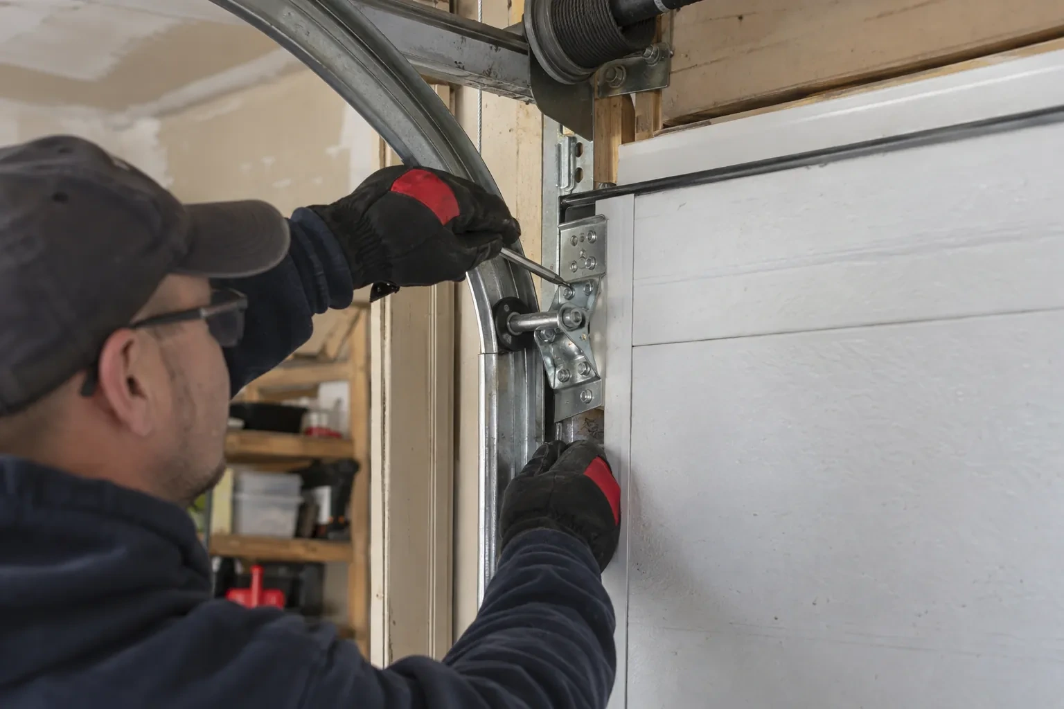 Hands in red-and-black gloves holding a screwdriver at a hinge bracket on a white door beside the curved track. — Vista Heights