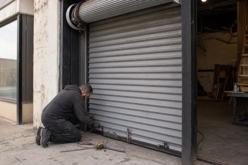 Person kneeling beside the bottom of a metal rolling door with tools on the ground — Commercial Rolling Door Repair, Mississauga