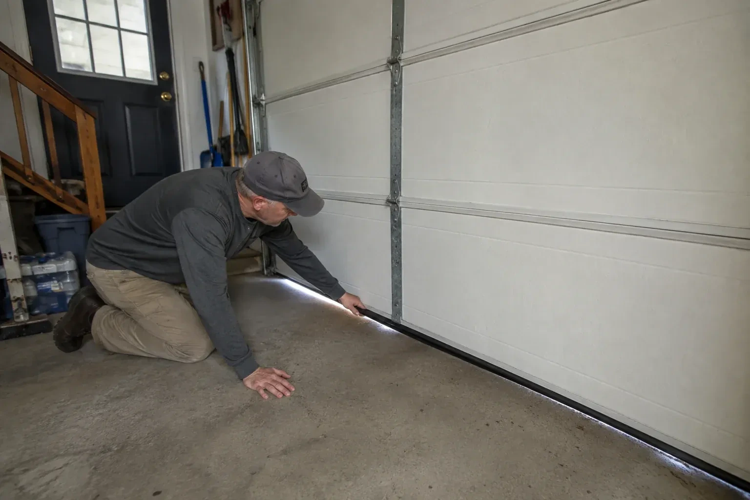 A person kneels beside the black bottom seal of a garage door, with daylight visible beneath the edge. — Garage Door Bottom Seal Replacement, Mississauga