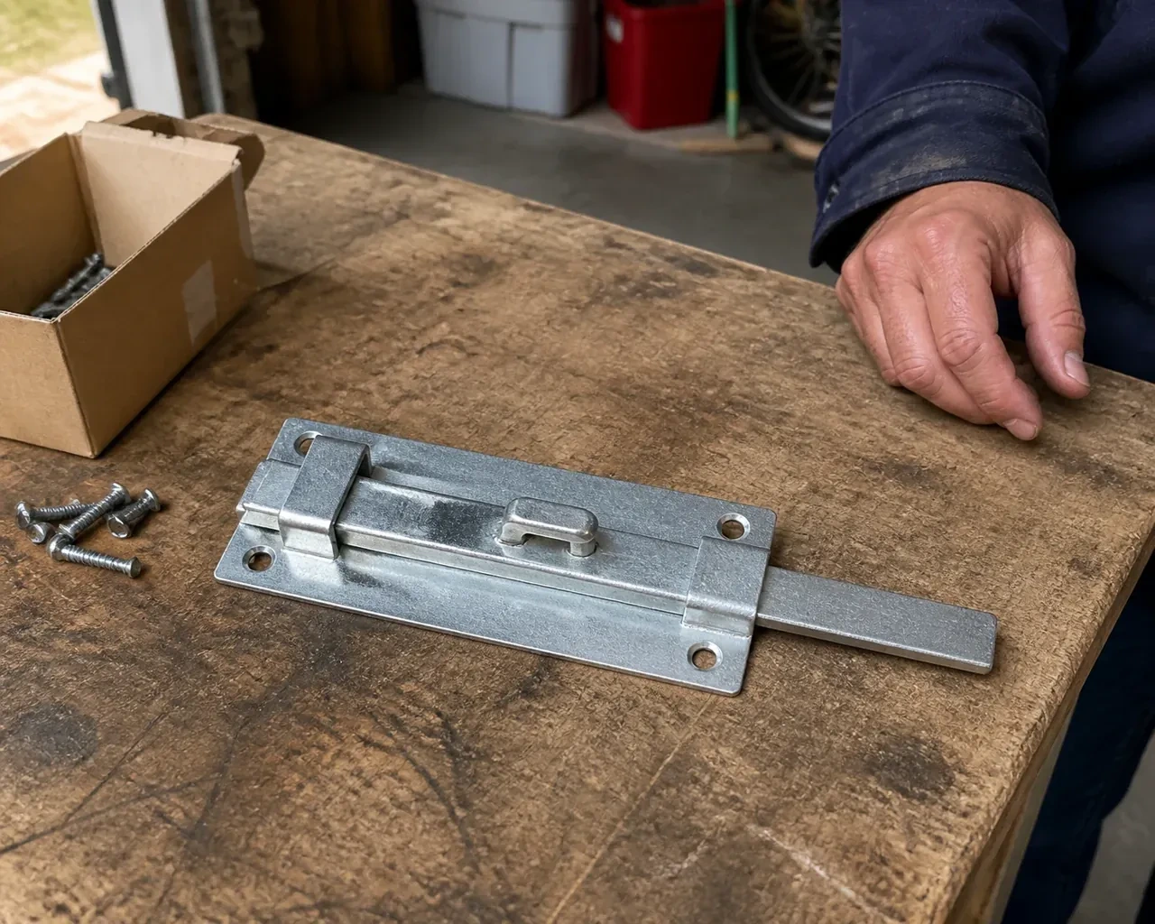 A detached metal slide bolt with mounting holes and retaining guides rests beside screws on a workbench. — Garage Door Manual Lock Repair, Mississauga