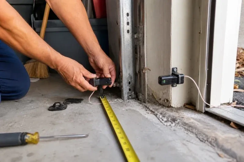 Hands holding a small wired device beside another mounted device and a tape measure at a garage-door opening — Photo-Eye Sensor Alignment or Replacement, Riverview