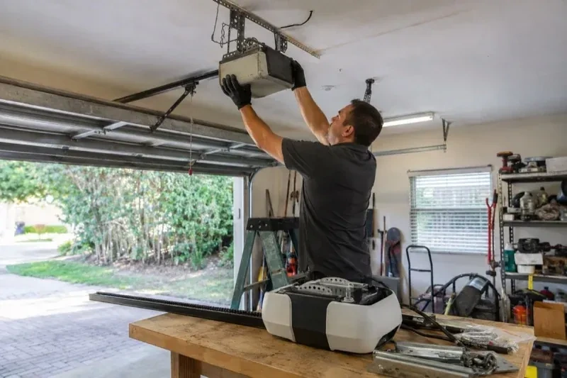 Person holding an overhead garage-door opener beside another opener and hardware on a workbench — Garage Door Opener Replacement, Mississauga