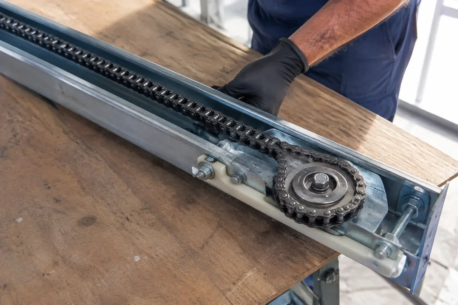 Gloved hand resting on a steel opener rail laid on a wooden bench, showing a drive chain looped around a sprocket wheel. — Chain-Drive Opener Repair, Streetsville