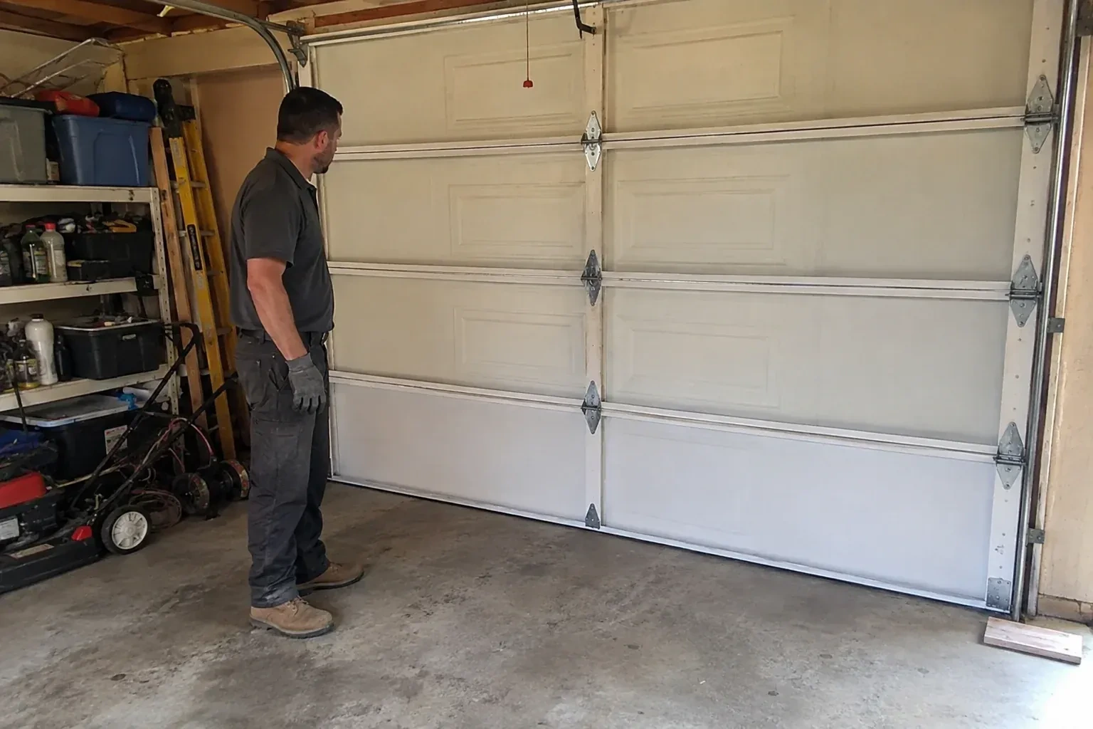 A person examines the interior panels and hinges of a closed sectional garage door. — Garage Door Panel Replacement, Mississauga