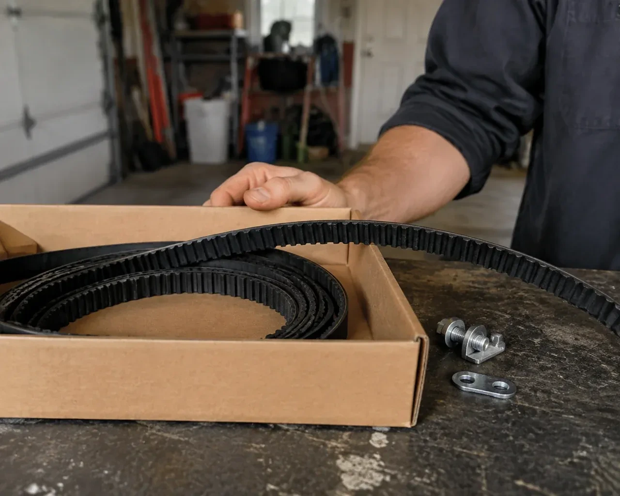 A toothed black drive belt lies in an open cardboard box beside small metal fittings on a garage workbench. — Belt-Drive Opener Repair, Vista Heights