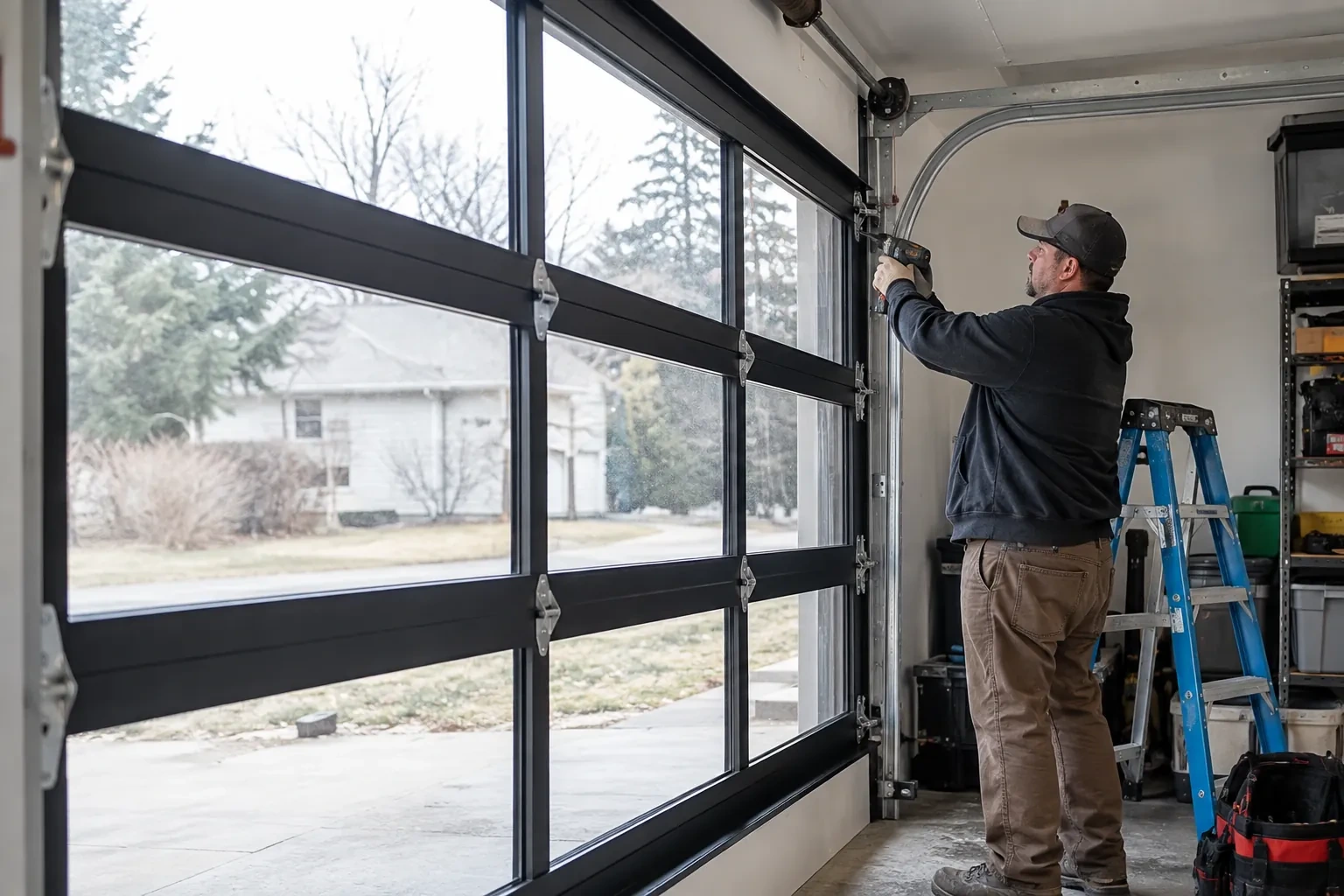 Technician reaching up with a drill at the vertical track of a black-framed glass-panel garage door, beside a blue ladder.