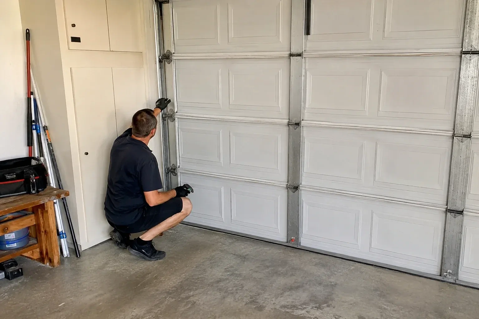 A person kneels beside the side track and hinges of a closed sectional garage door. — Garage Door Safety Inspection, Mississauga