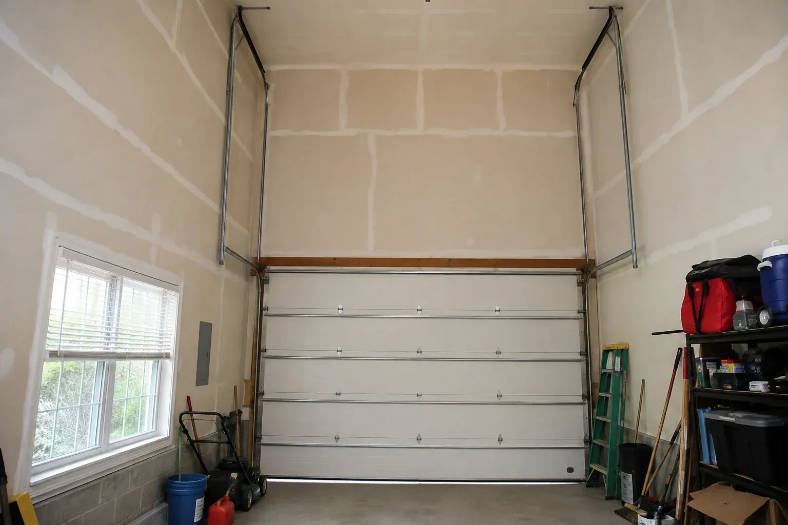 Tall garage interior with a sectional door and tracks extending into overhead space. — High-Lift Garage Door Conversion, Mississauga