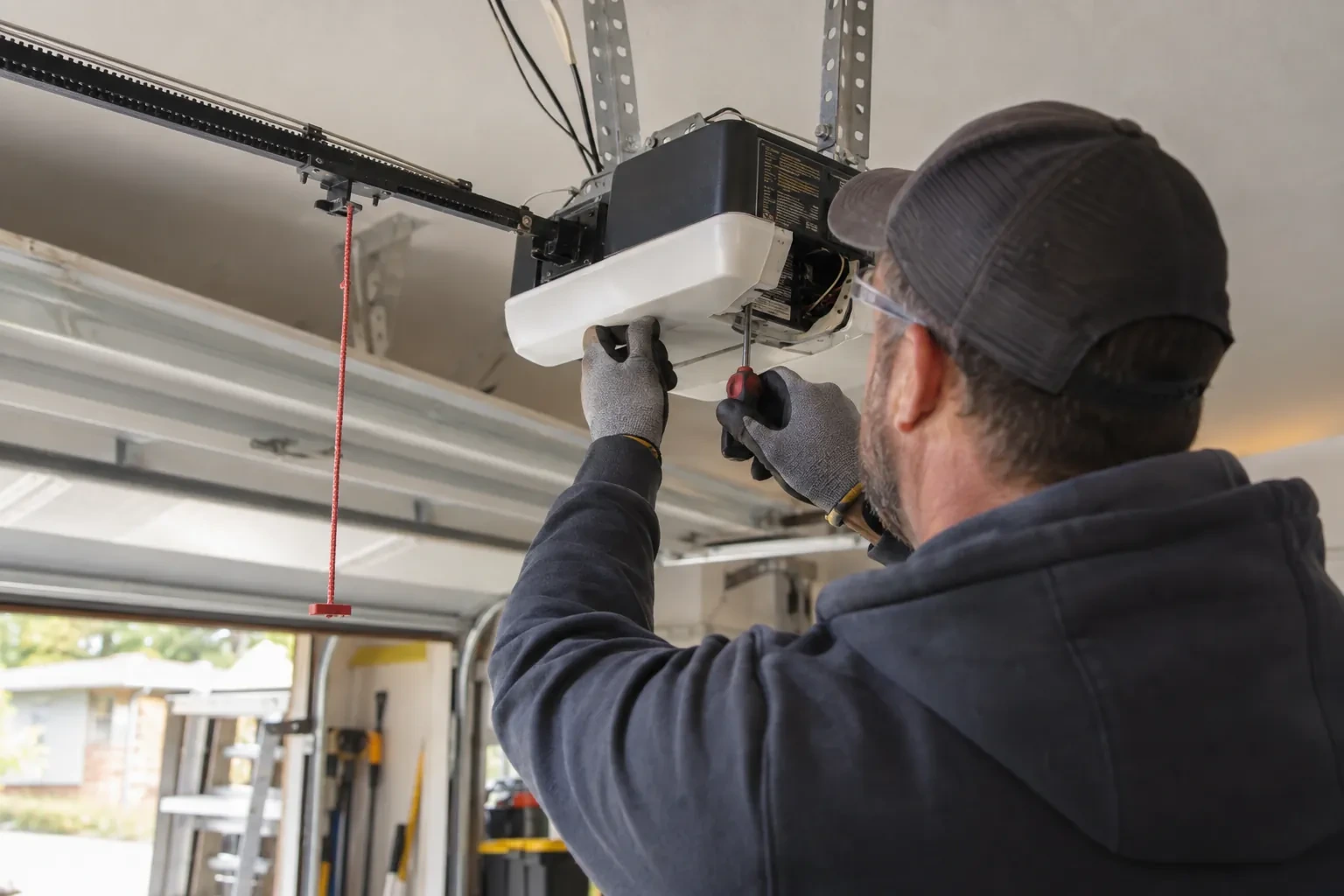 Technician in a mesh cap lifting the white cover of a ceiling opener while a red screwdriver points at the wiring inside. — Vista Heights
